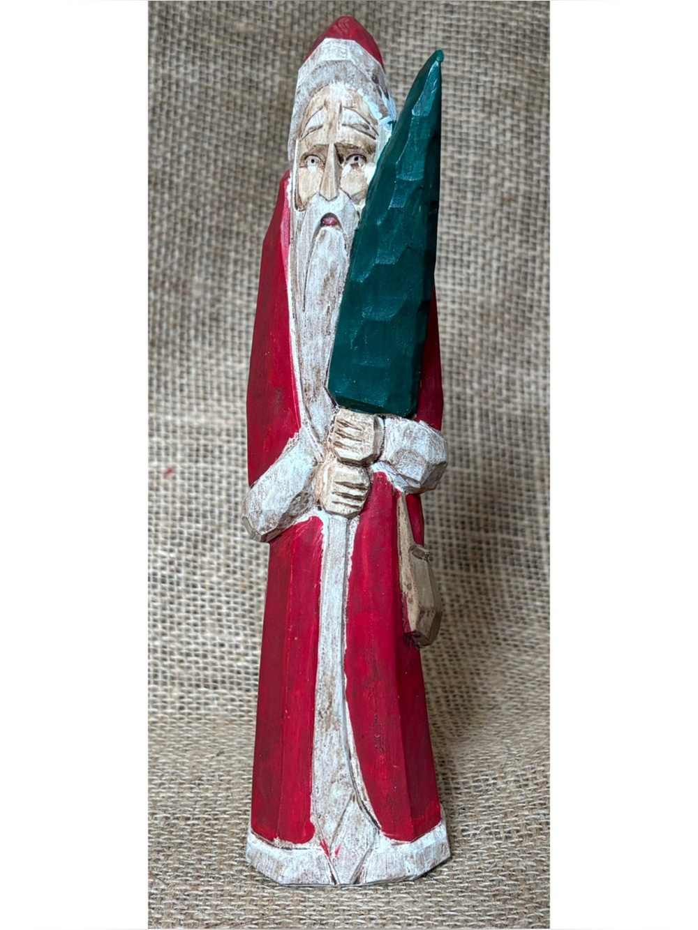 Tall Wood Santa Clause Holding Tree Figure Figurine Folk Art Farmhouse Rustic
